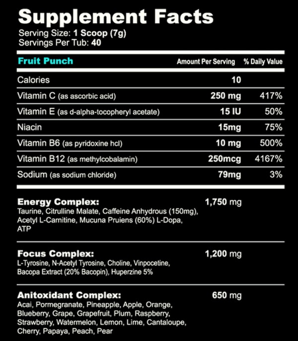 G-FUEL Nutritional Label.