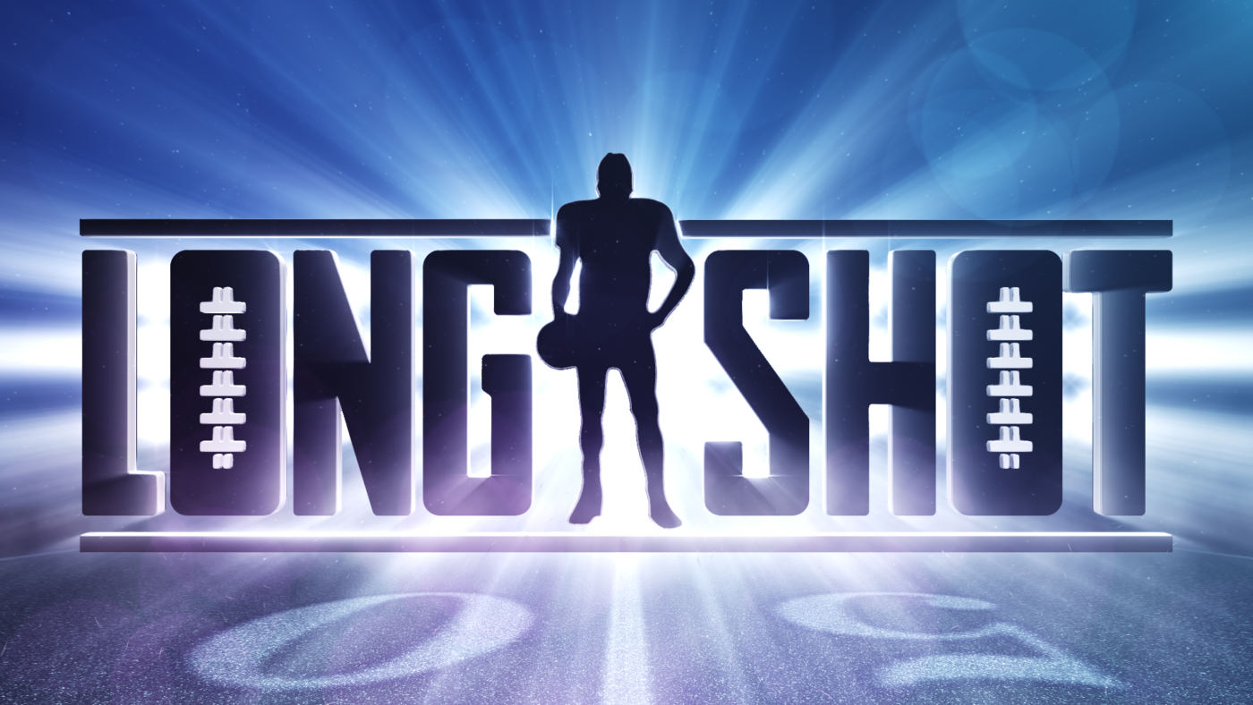 Image of Longshot story mode logo for Madden NFL 18, the image has light protruding from behind the dark letters, with a man standing between the words long and shot