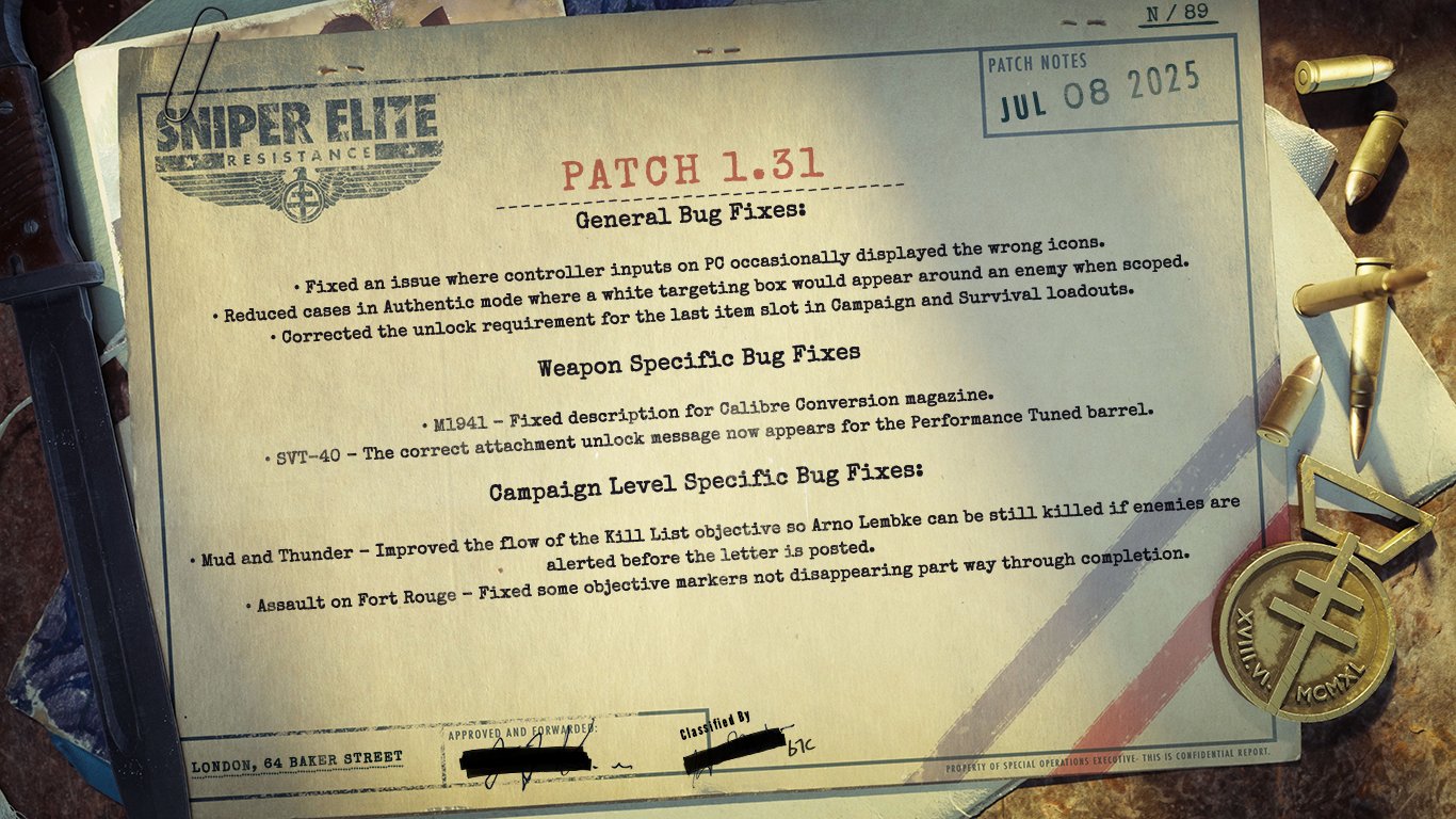 Sniper Elite Resistance Update 1.010 for Version 1.31 Improves Kill List Flow