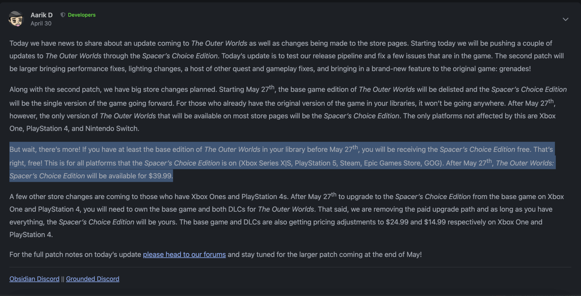 The Outer Worlds free Upgrade